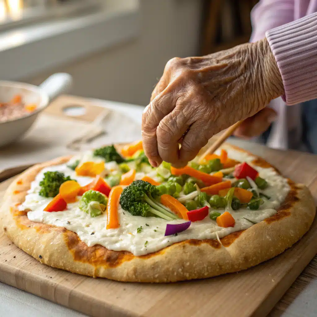 cold-veggie-pizza-step-by-step Assembling cold veggie pizza with creamy spread and veggies