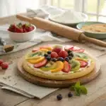 Fruit Pizza Recipe: The Ultimate Foolproof Guide 55 Colorful pizza fruit on a rustic wooden table with cream cheese frosting and fresh sliced strawberries, kiwi, blueberries, and grapes.