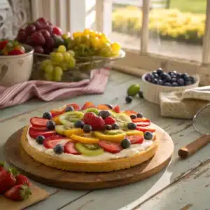 Fruit pizza recipe finished and ready to serve