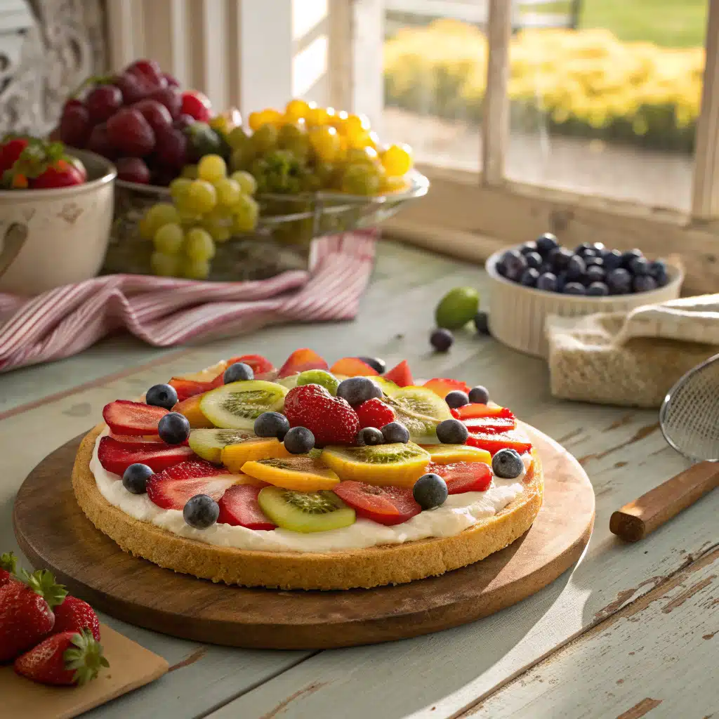 Fruit pizza recipe finished and ready to serve