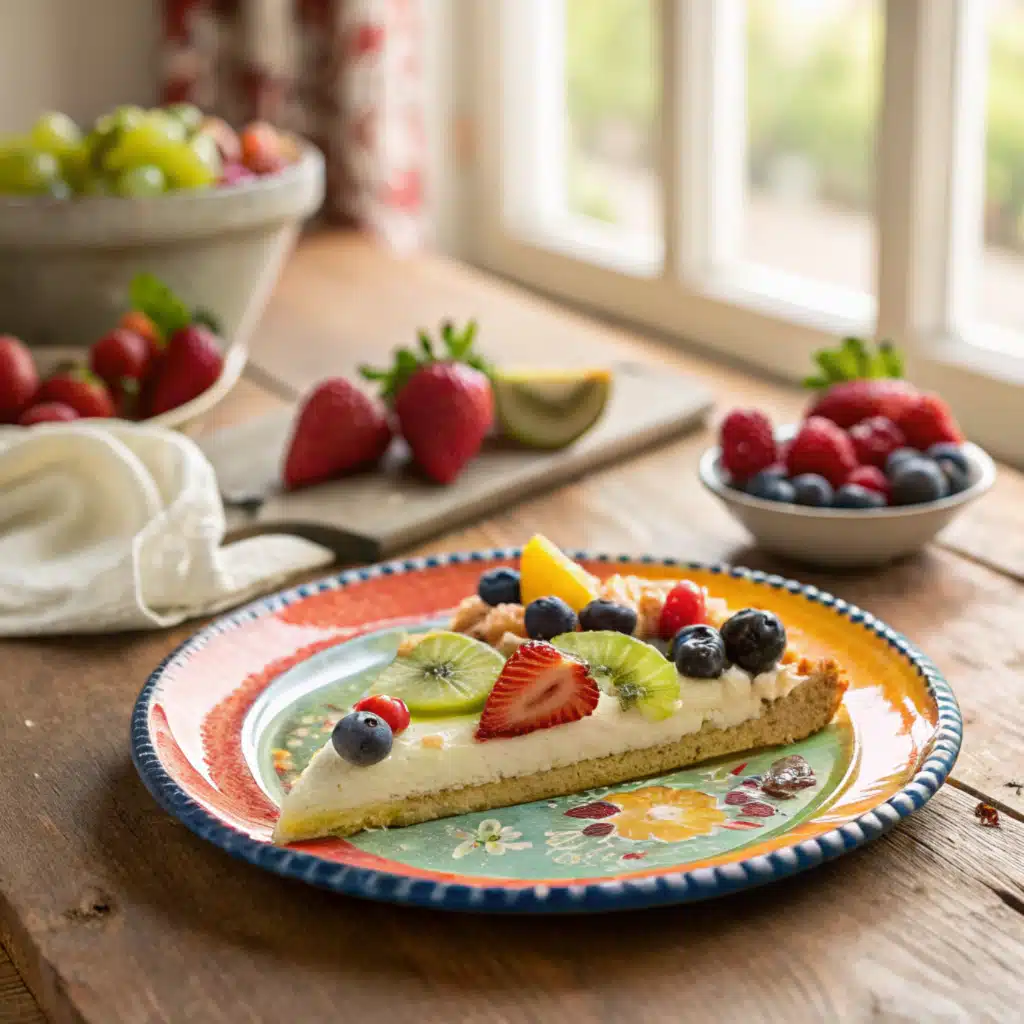 fruit-pizza-recipe-serving Sliced fruit pizza recipe served on plates