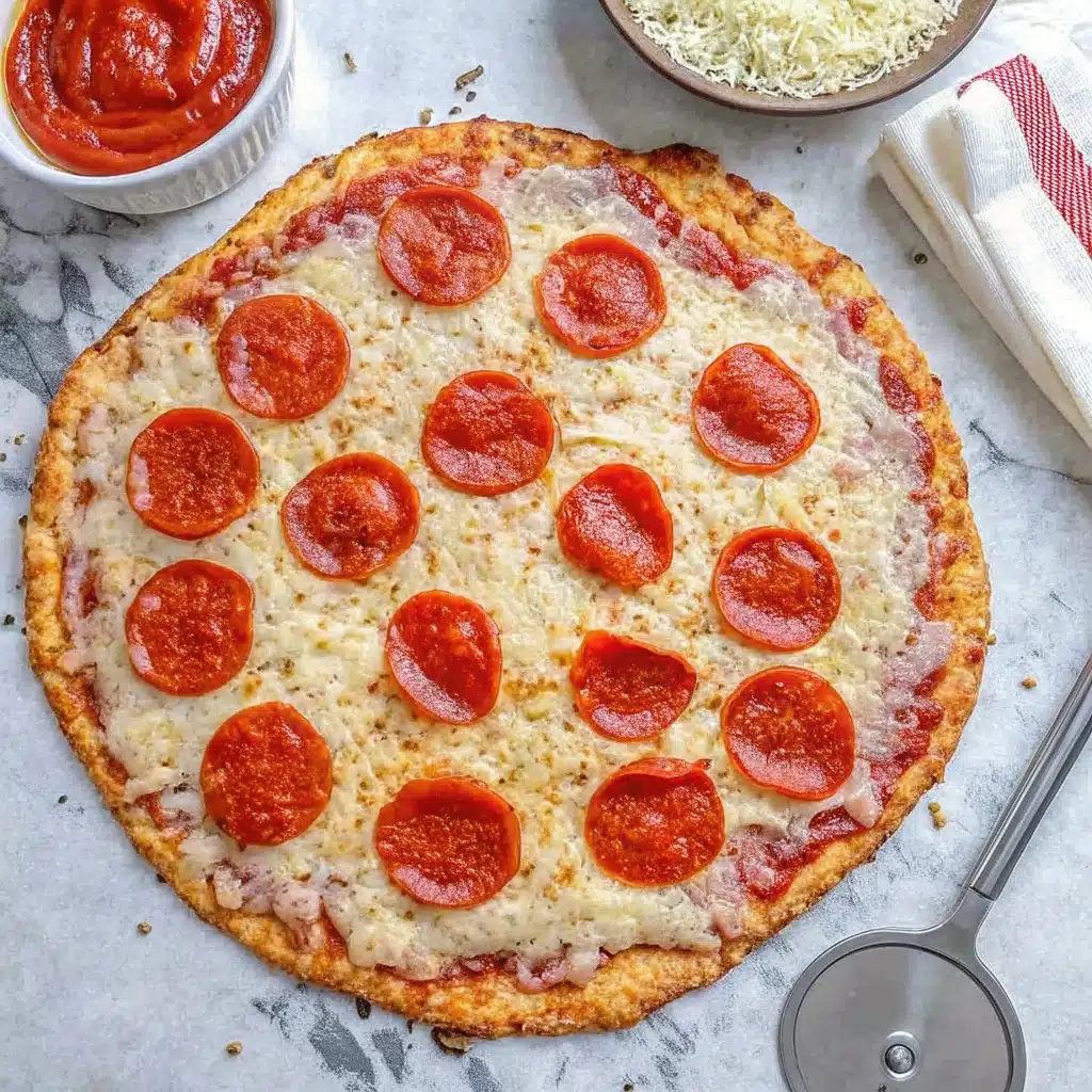 Cottage cheese crust pizza baked with golden edges and melted mozzarella