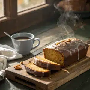 Featured pumpkin bread with maple glaze on a rustic fall table