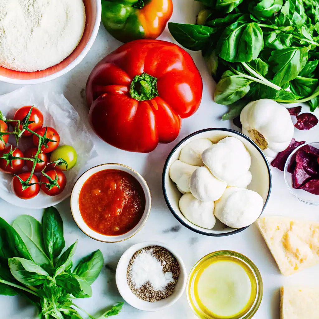 Ingredients for Homemade Margherita Pizza displayed neatly