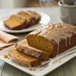 Pumpkin bread with maple glaze sliced and ready to serve